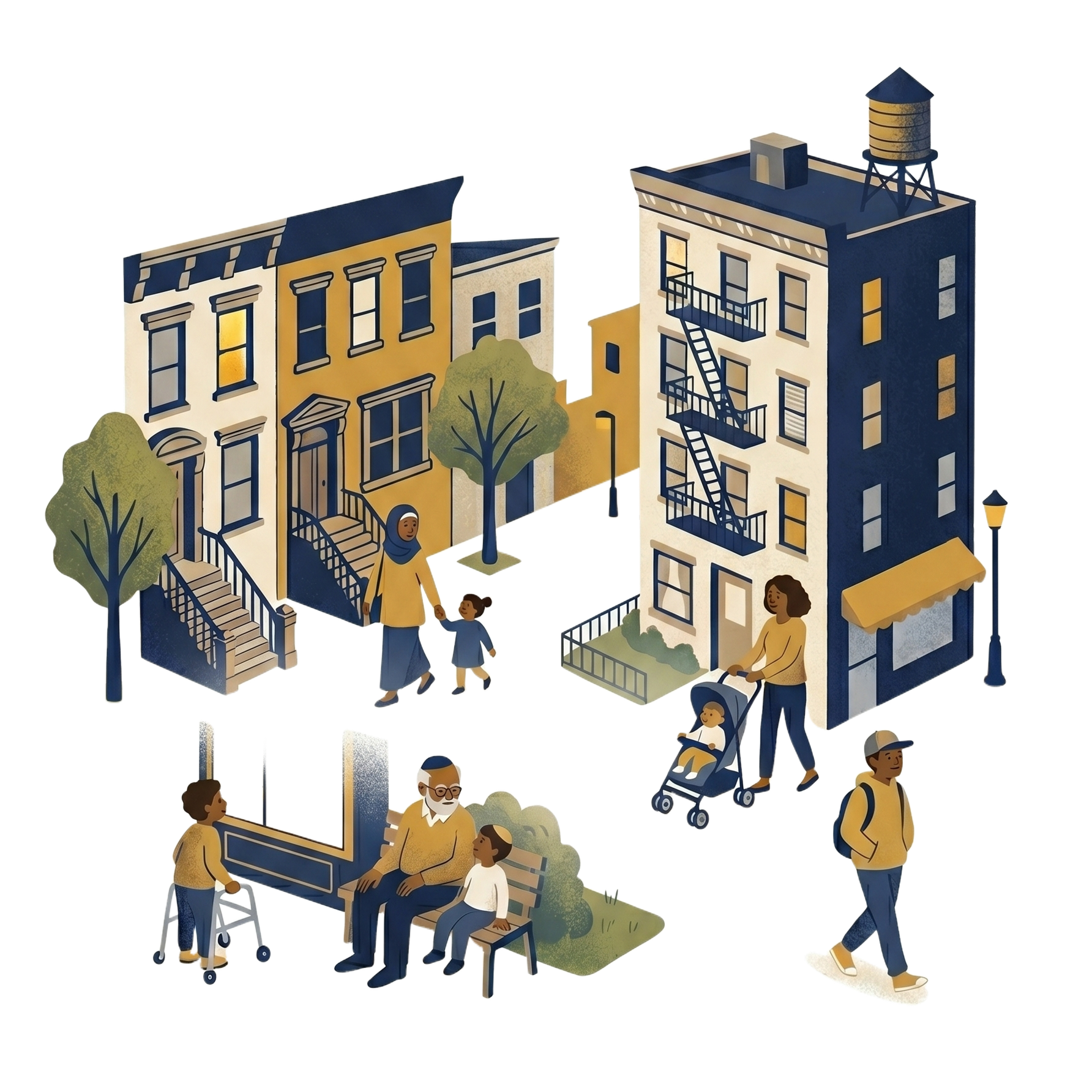 Abstract editorial illustration of the five boroughs of New York City, rendered in warm navy and gold tones