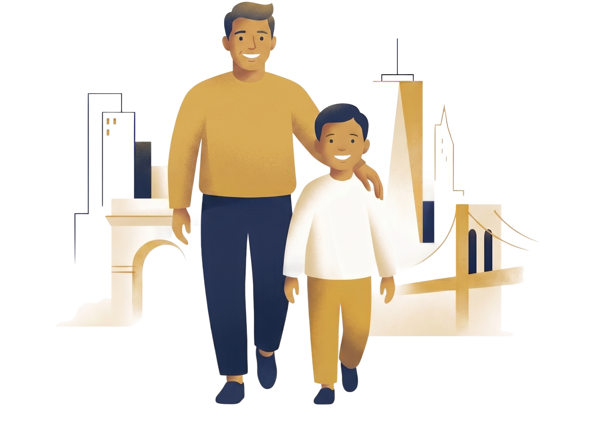 Illustration of a parent and child navigating the path forward together, with abstract NYC architectural elements