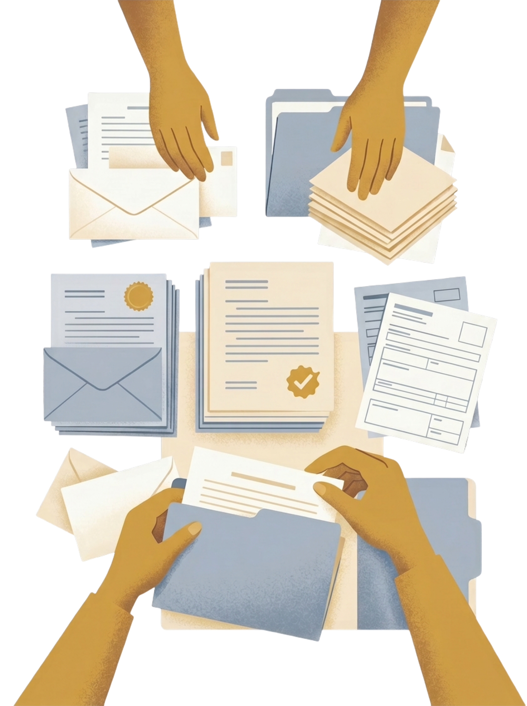 Stylized hands carefully organizing documents, evaluations, and legal papers into order, with a golden seal of completion